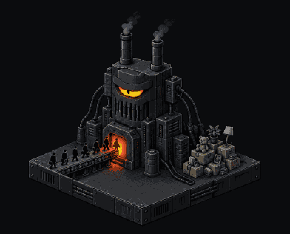 DEPRECATOR-5: a brutalist black machine with one glowing yellow eye feeds office workers from a conveyor belt into a furnace.