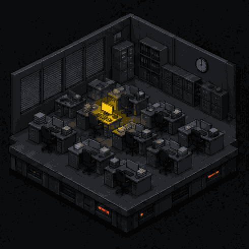 Isometric pixel-art diorama: Hargrove & Finch Accounting after deprecation