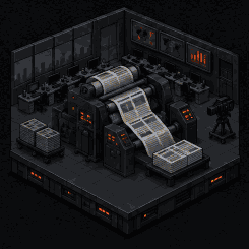 Isometric pixel-art diorama: Meridian Media after deprecation