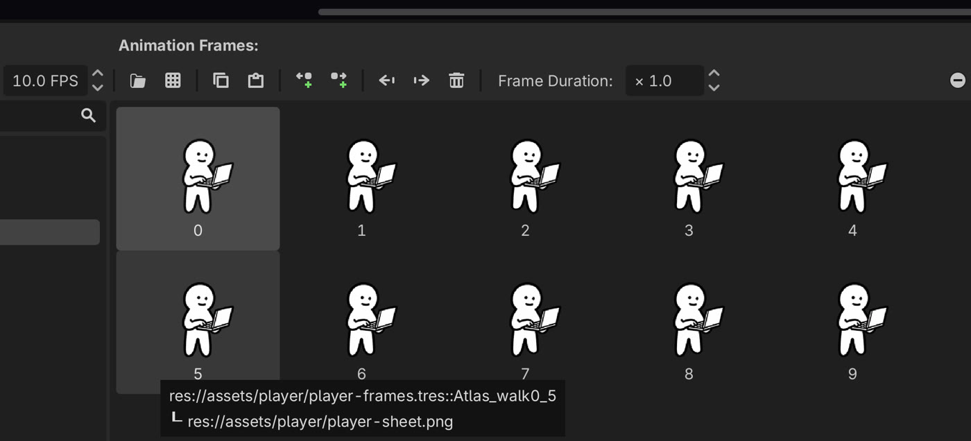 Godot's animation panel: the walking frames.