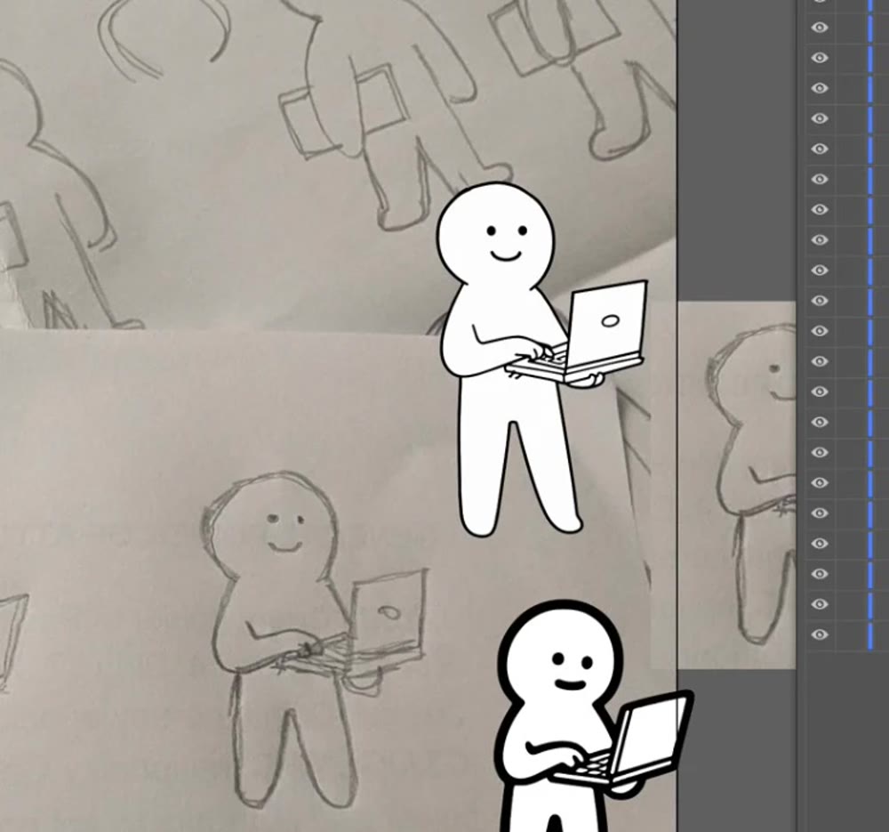 Illustrator: the sketch underneath, the redrawn engineer on top.