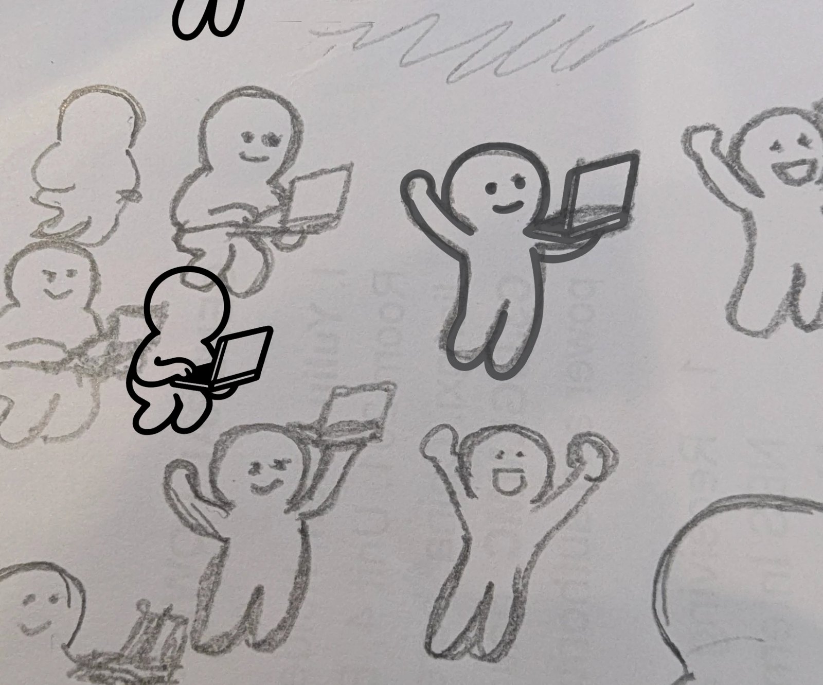 My pencil sketches of the jump poses, two of them already traced.
