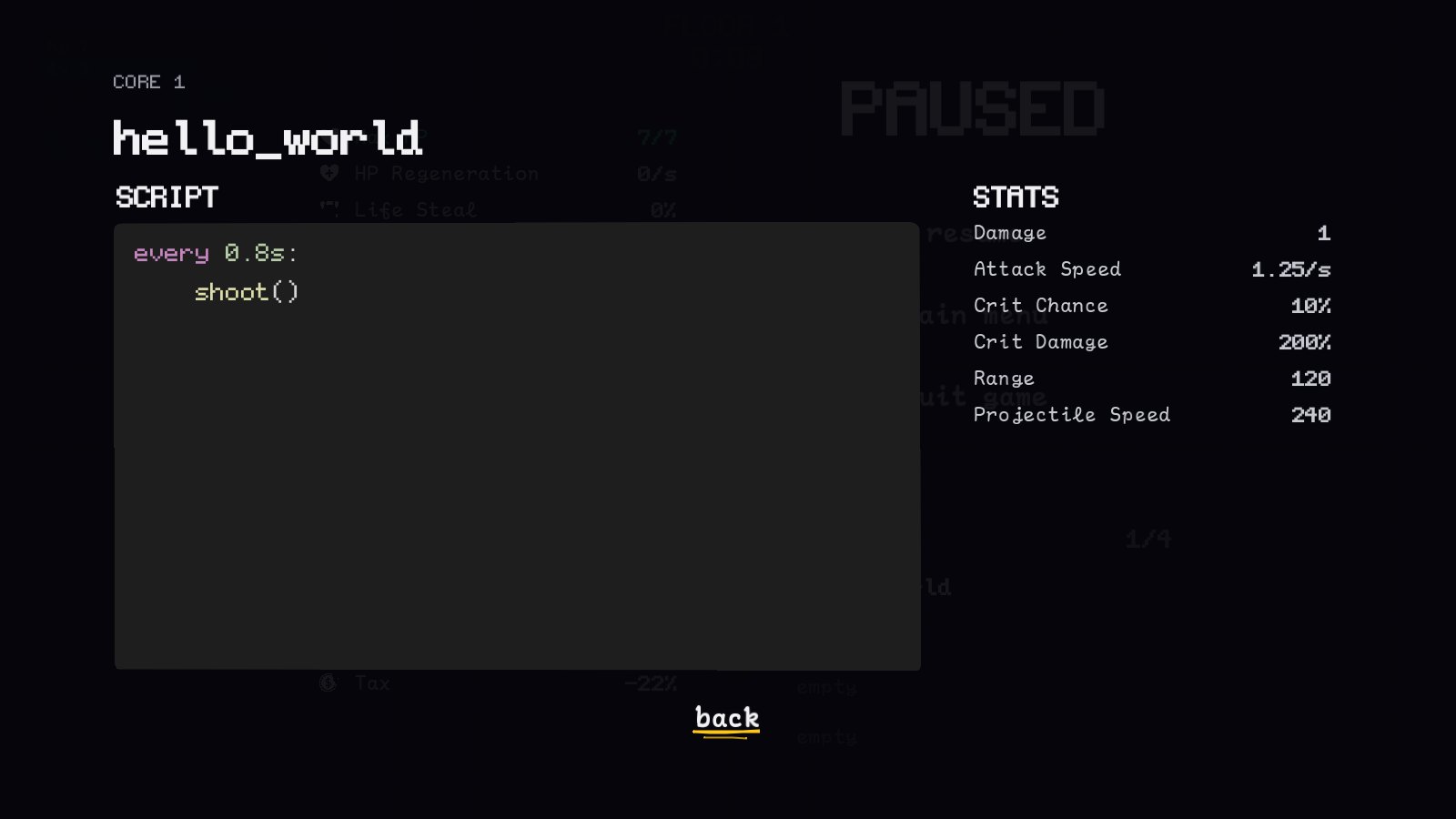 hello_world on core 1, the only script there is. On the right, the stats it runs with.