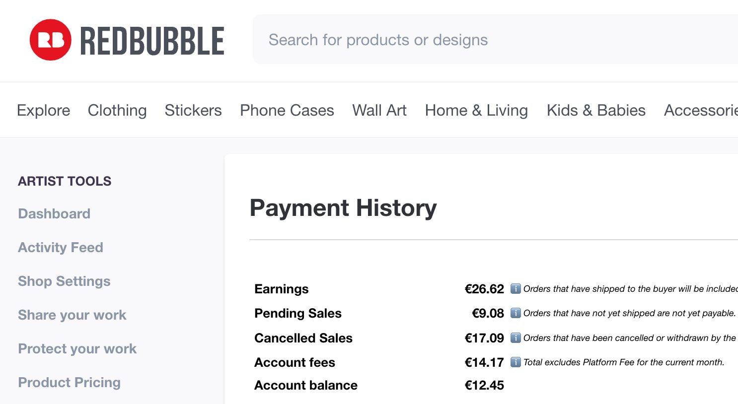 My Redbubble payment history. After fees and cancellations, €12.45 in the account.