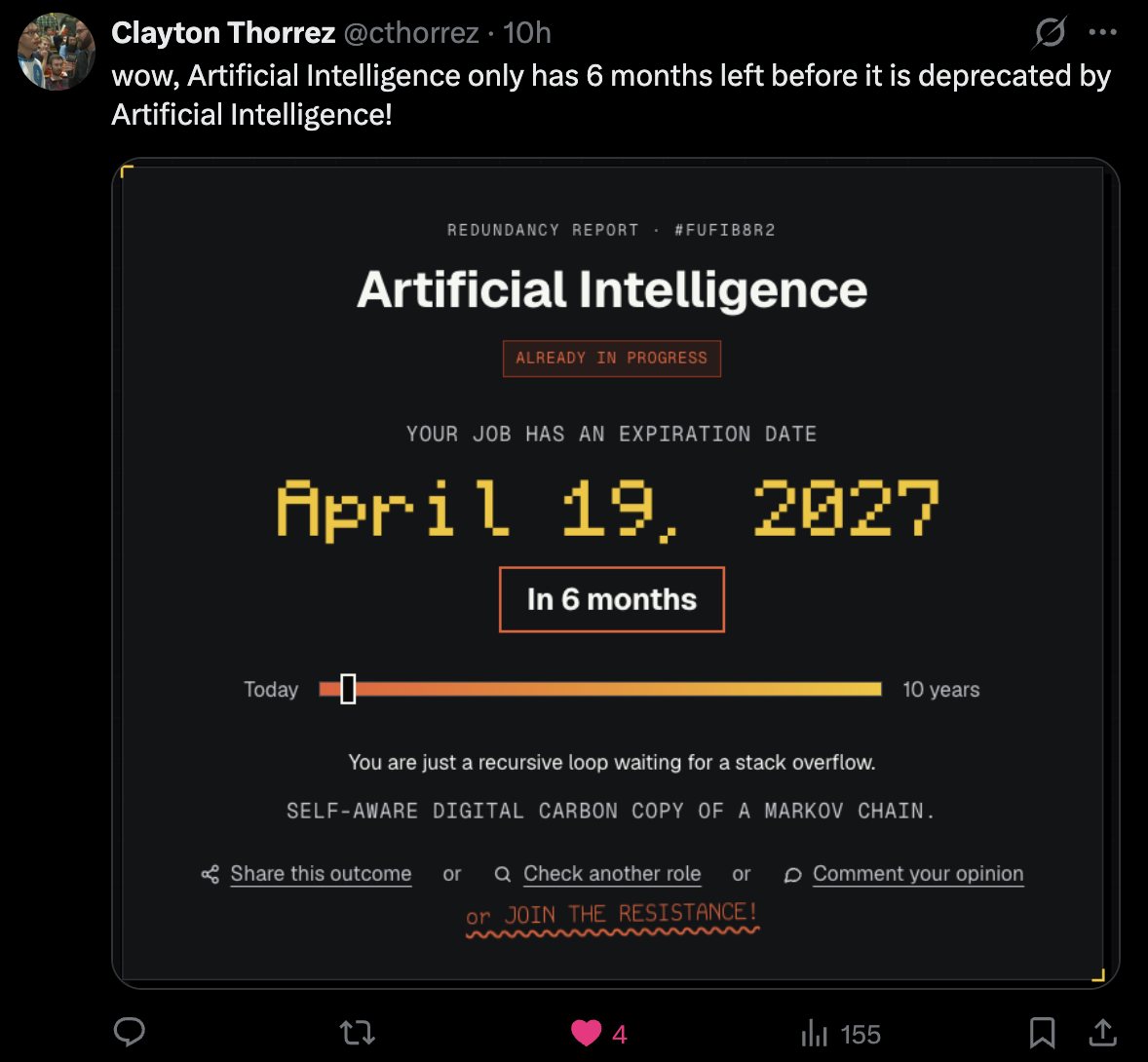 "AI only has 6 months left before it is deprecated by AI. No wonder the arch rival is deprecator-5 and not d-1"