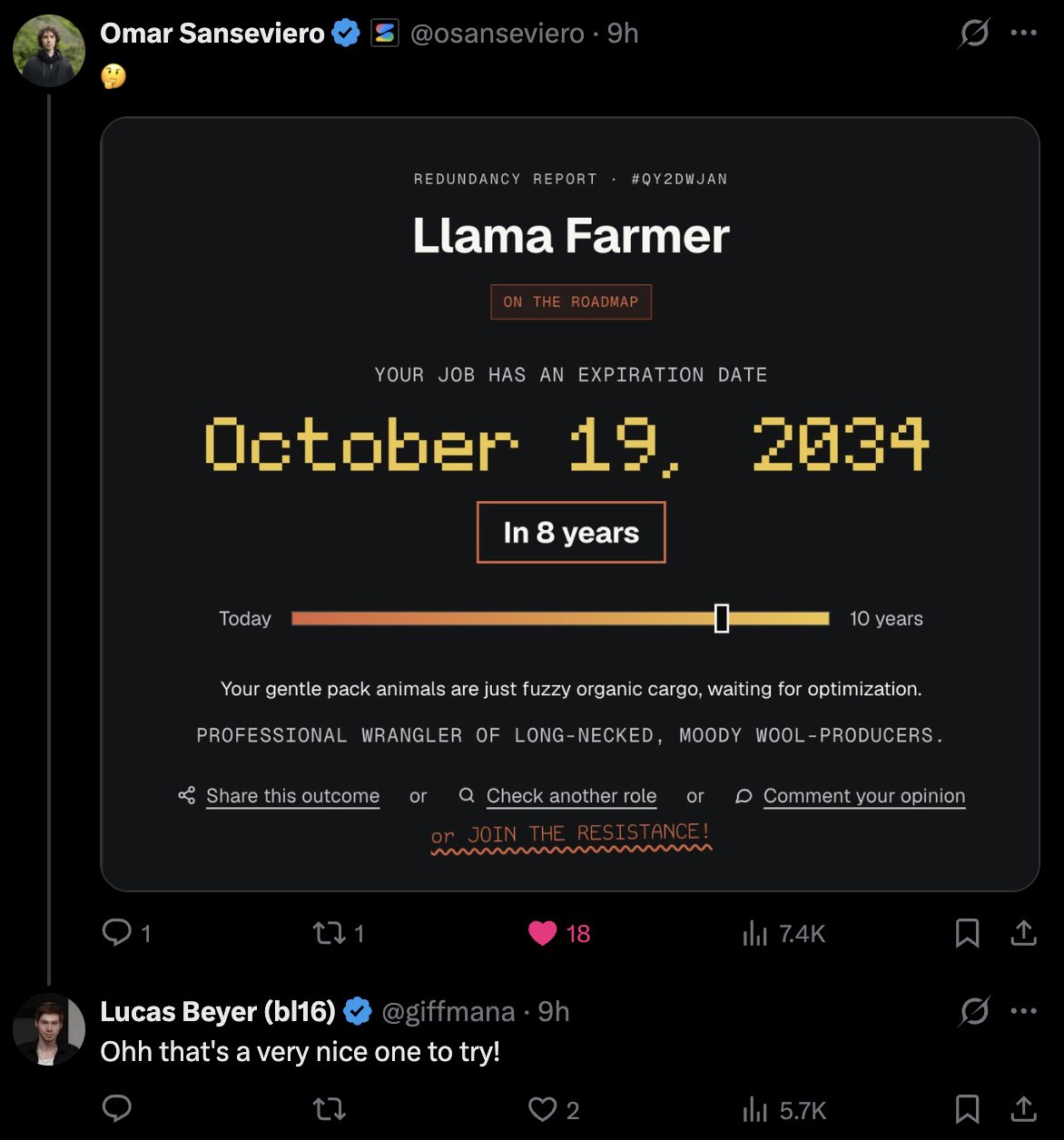 A Llama Farmer: October 19, 2034. "Gentle pack animals are just fuzzy organic cargo, waiting for optimization."
