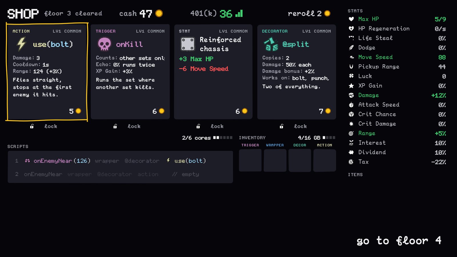 The shop on floor 3. Four cards, cash and the 401(k) on top, stats on the right.