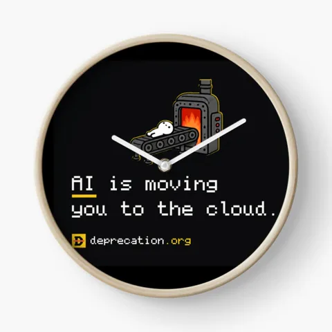 Wall clock printed with “AI is moving you to the cloud.”