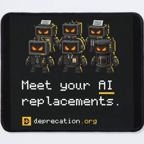 Mousepad printed with “Meet your AI replacements.”