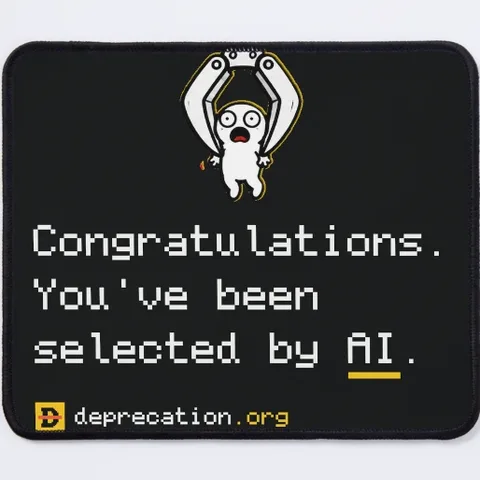 Mousepad printed with “Congratulations. You've been selected by AI.”