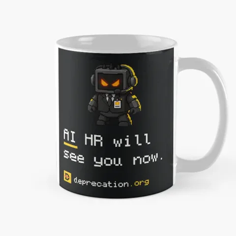 Mug printed with “AI HR will see you now.”