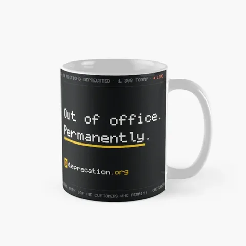 Funny leaving gift mug printed with “Out of office. Permanently.”
