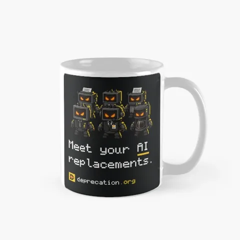 Mug printed with “Meet your AI replacements.”