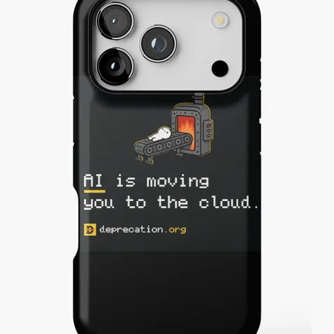 iPhone case printed with “AI is moving you to the cloud.”