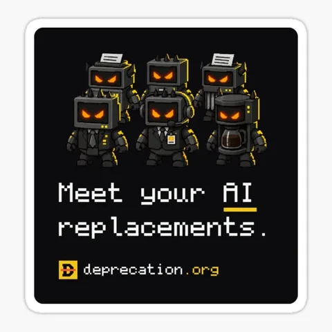Sticker printed with “Meet your AI replacements.”