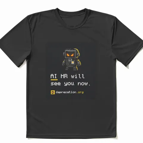 T-shirt printed with “AI HR will see you now.”