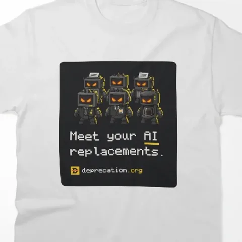 Funny leaving gift t-shirt printed with “Meet your AI replacements.”