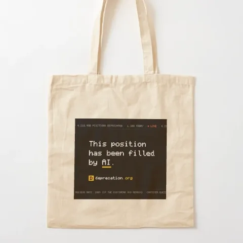 Tote bag printed with “This position has been filled by AI.”