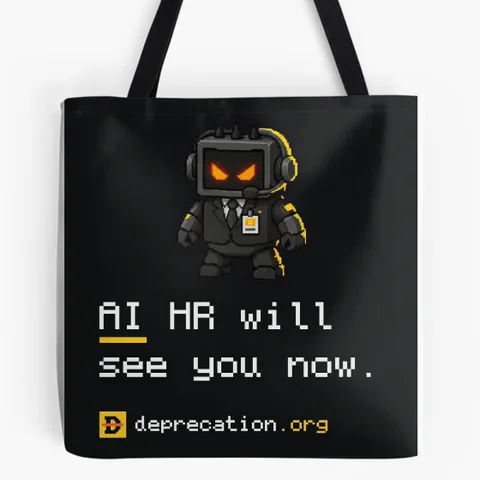 Tote bag printed with “AI HR will see you now.”