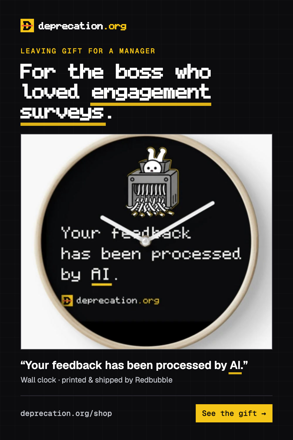 Leaving gift for a manager: “Your feedback has been processed by AI.” wall clock