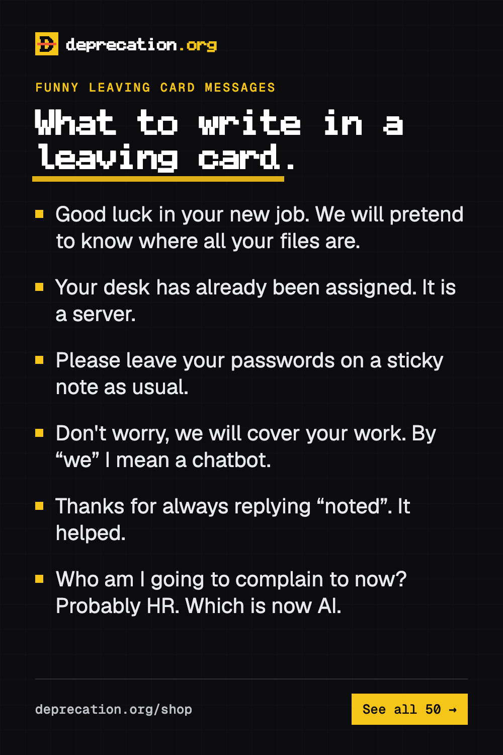 Funny leaving card messages for a colleague (50 things to write)