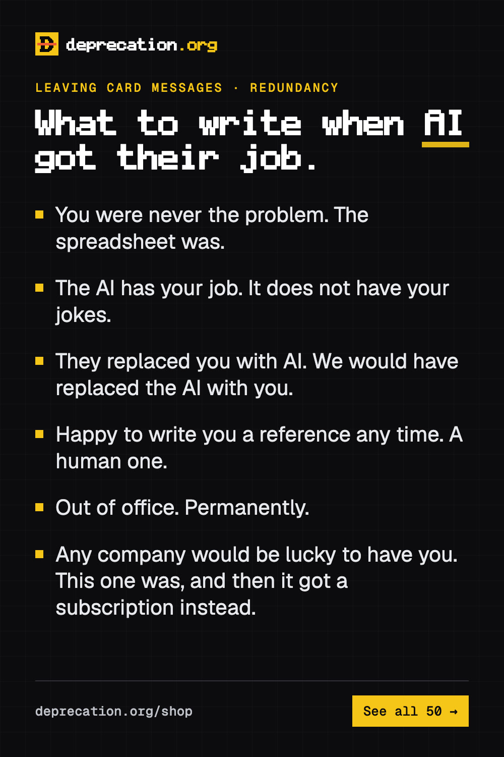 Leaving card messages for someone made redundant (funny but kind)